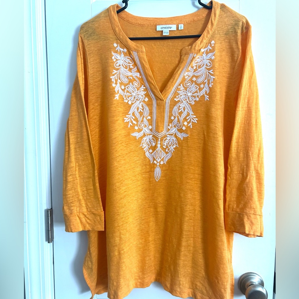 Chico's Orange 100% Linen Embroidered V-Neck 3/4 Sleeve Tunic Top